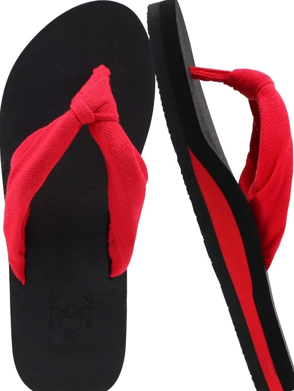 Knotted Red Fabric Strap Flip Flop Sandals on Black Footbed